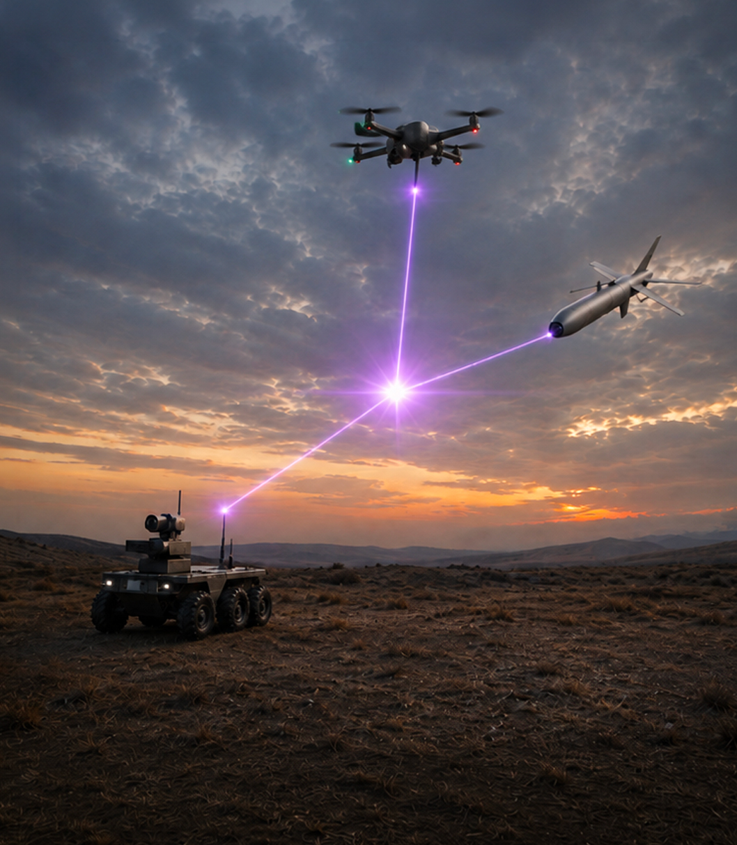 Networked battlefield — UGV, UAV and loitering munition linked by an optical targeting layer